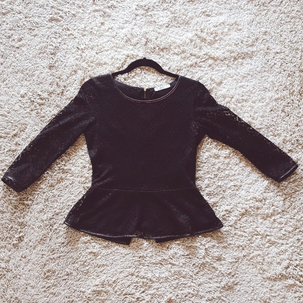 Black Lace Peplum Top with Faux Leather Piping
